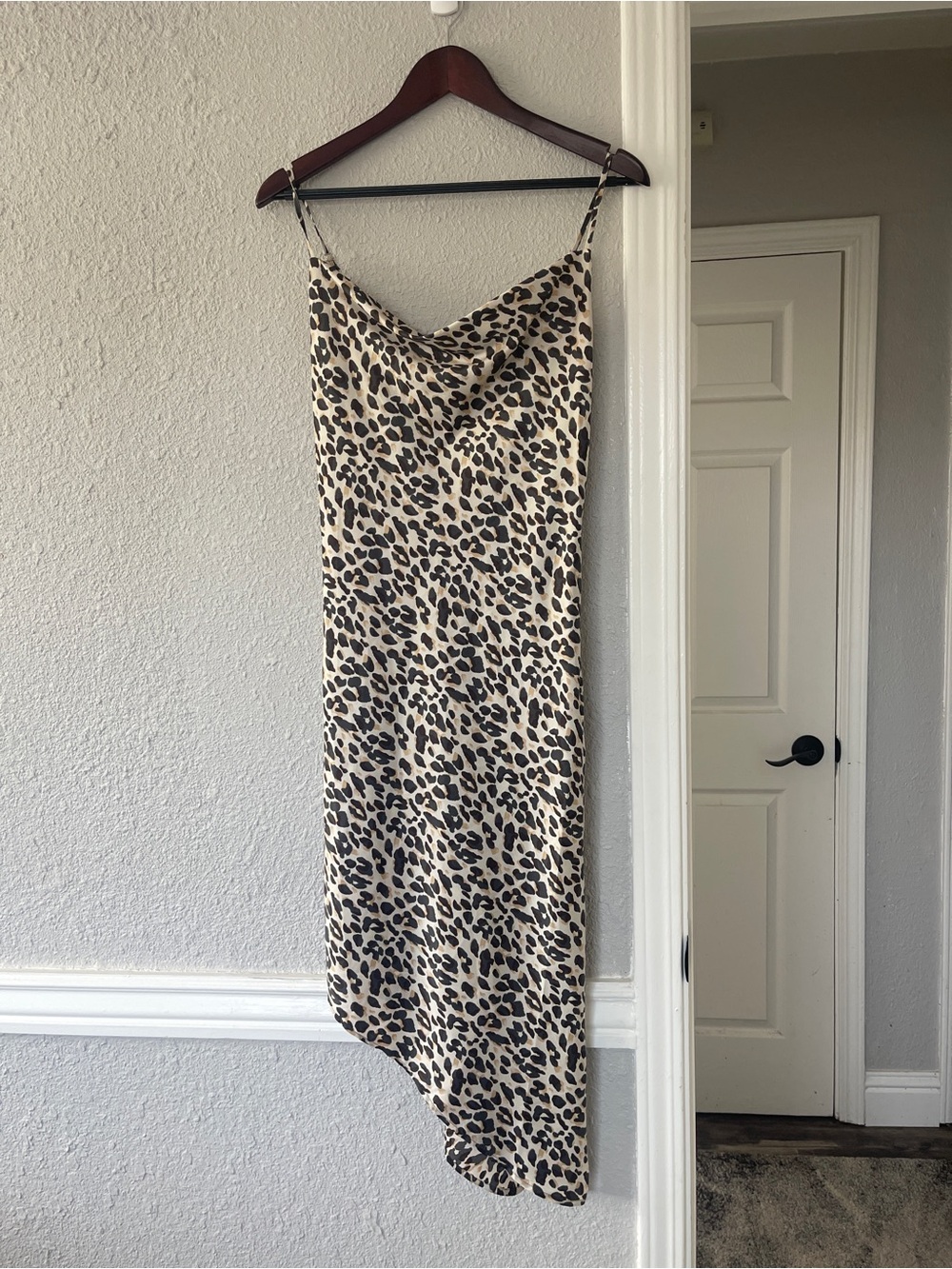 Forever 21 Leopard Print Satin Slip Dress Small • Cowl Neck • Asymmetrical Hem